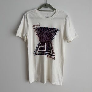 White Graphic Tee with Blue & Brown Optical Print